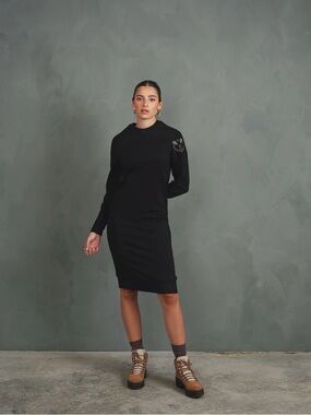 Long-Sleeve Black Knit Dress with Subtle Sleeve Embroidery